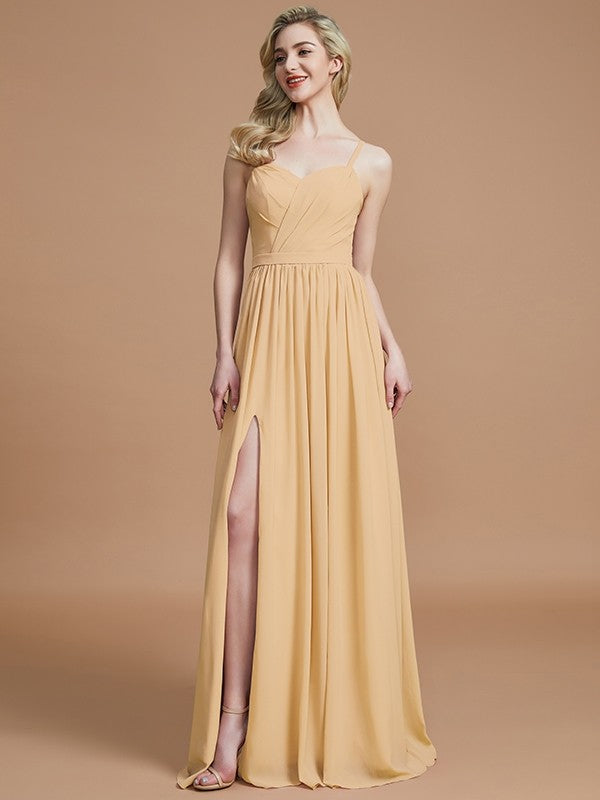 A-Line Charming Spaghetti Straps Sleeveless Ruched Chiffon Bridesmaid Dresses