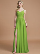 A-Line Charming Spaghetti Straps Sleeveless Ruched Chiffon Bridesmaid Dresses