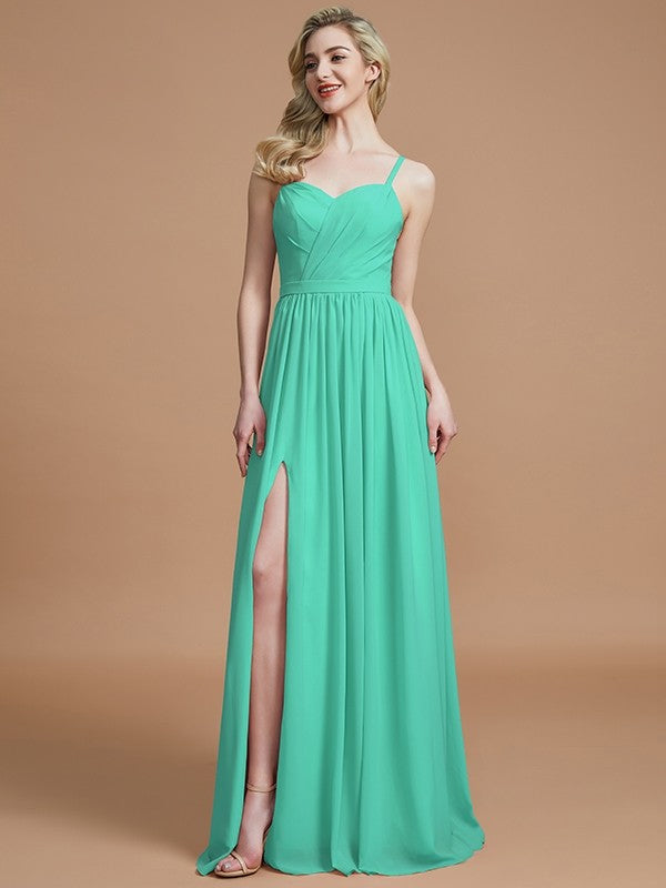 A-Line Charming Spaghetti Straps Sleeveless Ruched Chiffon Bridesmaid Dresses