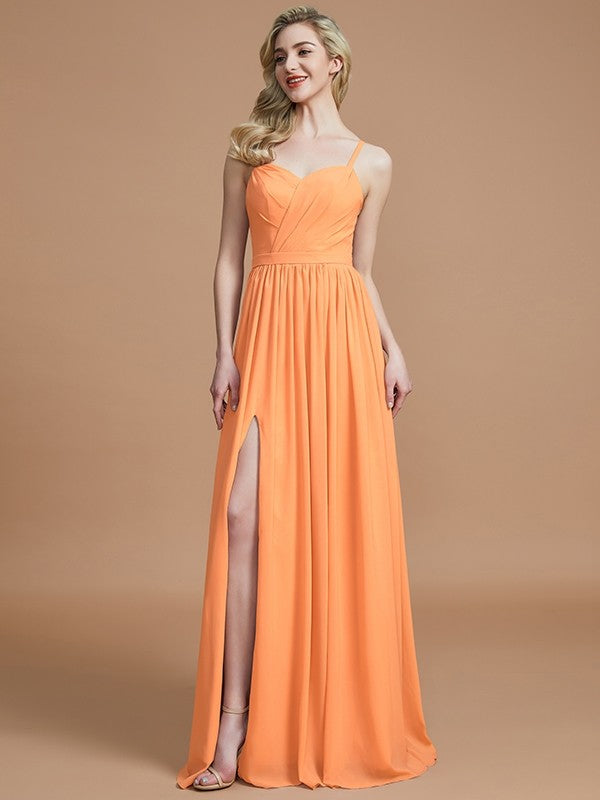 A-Line Charming Spaghetti Straps Sleeveless Ruched Chiffon Bridesmaid Dresses