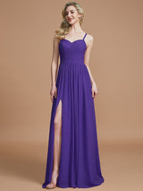 A-Line Charming Spaghetti Straps Sleeveless Ruched Chiffon Bridesmaid Dresses