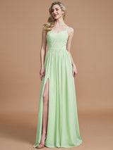 A-Line Charming Spaghetti Straps Sleeveless Ruched Chiffon Bridesmaid Dresses