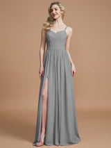 A-Line Charming Spaghetti Straps Sleeveless Ruched Chiffon Bridesmaid Dresses