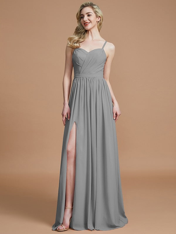 A-Line Charming Spaghetti Straps Sleeveless Ruched Chiffon Bridesmaid Dresses