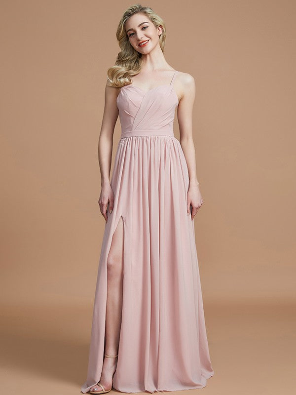 A-Line Charming Spaghetti Straps Sleeveless Ruched Chiffon Bridesmaid Dresses