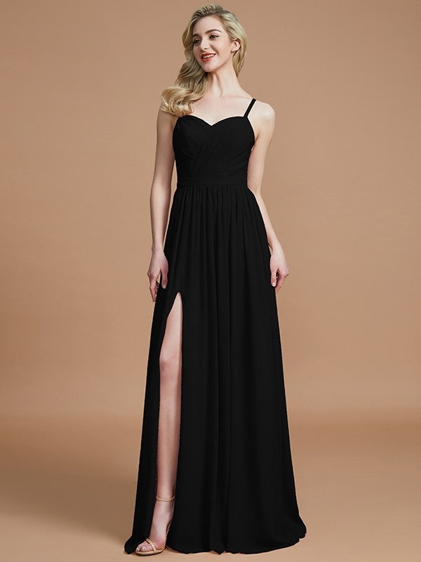 A-Line Charming Spaghetti Straps Sleeveless Ruched Chiffon Bridesmaid Dresses