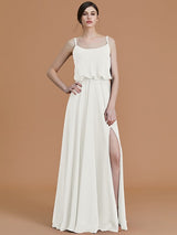 A-Line Charming Spaghetti Straps Sleeveless Ruffles Chiffon Bridesmaid Dresses