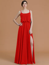 A-Line Charming Spaghetti Straps Sleeveless Ruffles Chiffon Bridesmaid Dresses