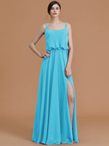 A-Line Charming Spaghetti Straps Sleeveless Ruffles Chiffon Bridesmaid Dresses