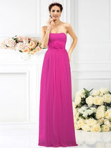 A-Line Charming Strapless Hand-Made Flower Sleeveless Long Chiffon Bridesmaid Dresses