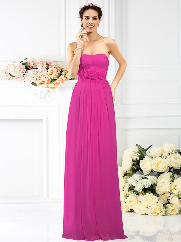 A-Line Charming Strapless Hand-Made Flower Sleeveless Long Chiffon Bridesmaid Dresses