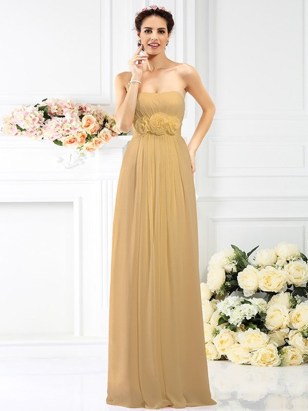 A-Line Charming Strapless Hand-Made Flower Sleeveless Long Chiffon Bridesmaid Dresses