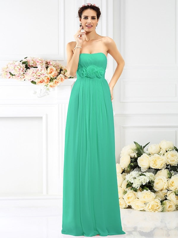 A-Line Charming Strapless Hand-Made Flower Sleeveless Long Chiffon Bridesmaid Dresses