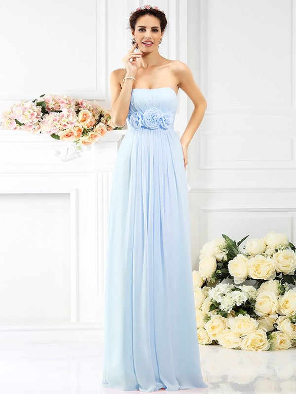 A-Line Charming Strapless Hand-Made Flower Sleeveless Long Chiffon Bridesmaid Dresses