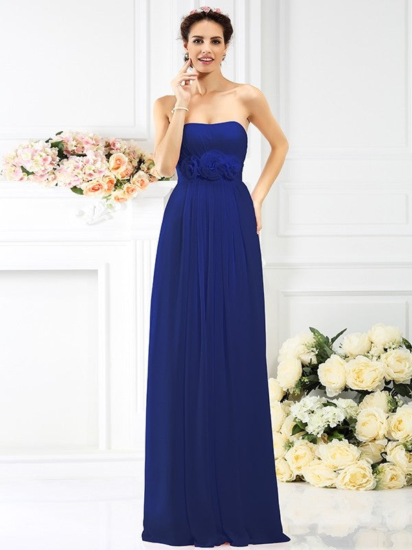 A-Line Charming Strapless Hand-Made Flower Sleeveless Long Chiffon Bridesmaid Dresses