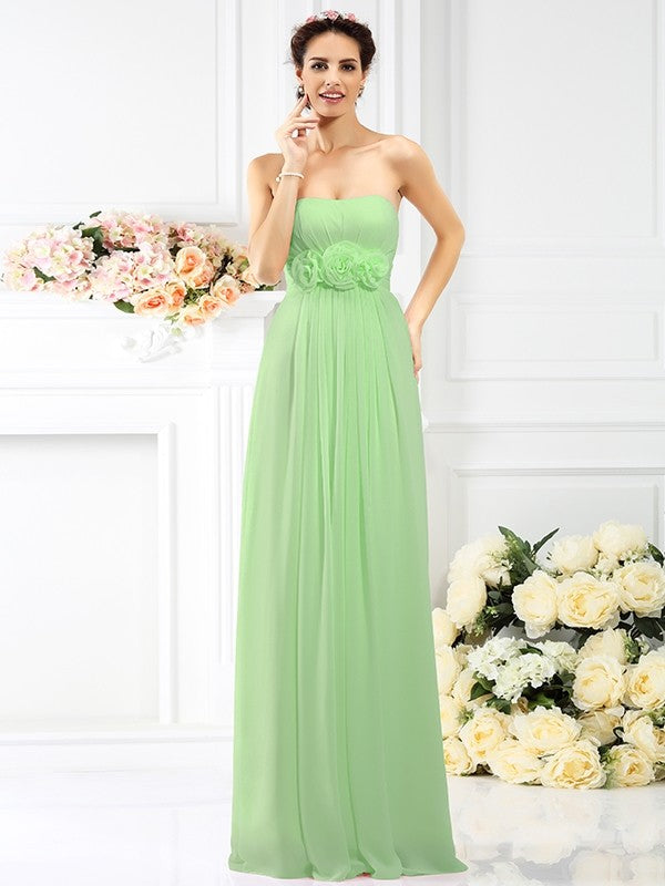 A-Line Charming Strapless Hand-Made Flower Sleeveless Long Chiffon Bridesmaid Dresses