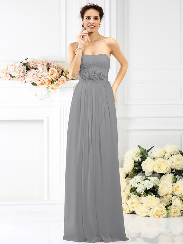 A-Line Charming Strapless Hand-Made Flower Sleeveless Long Chiffon Bridesmaid Dresses