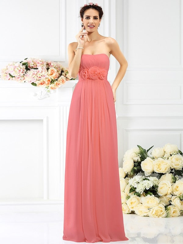 A-Line Charming Strapless Hand-Made Flower Sleeveless Long Chiffon Bridesmaid Dresses