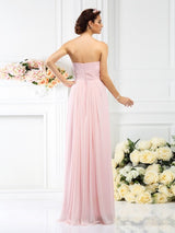 A-Line Charming Strapless Hand-Made Flower Sleeveless Long Chiffon Bridesmaid Dresses