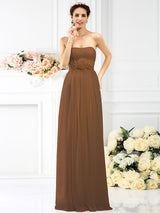 A-Line Charming Strapless Hand-Made Flower Sleeveless Long Chiffon Bridesmaid Dresses