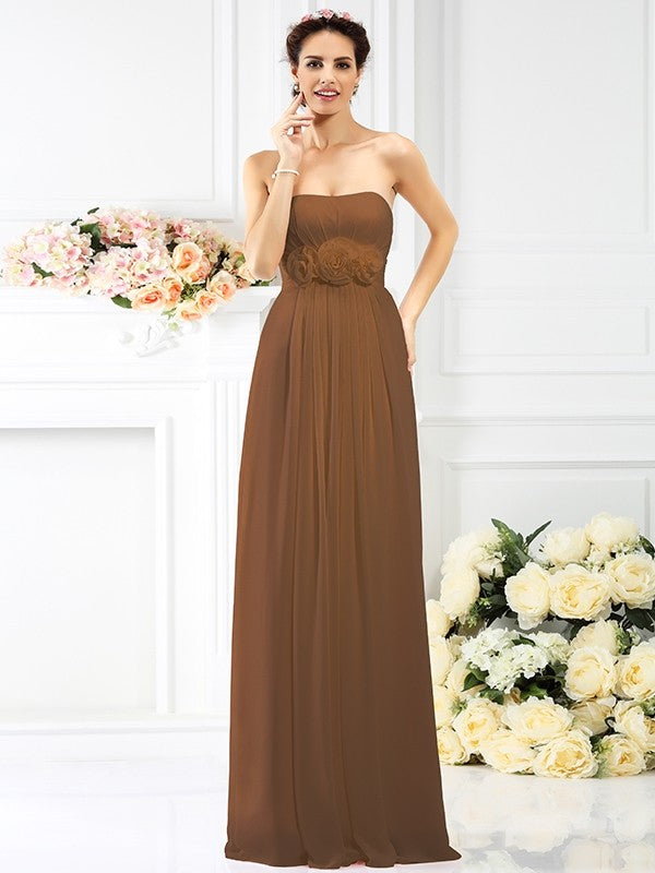 A-Line Charming Strapless Hand-Made Flower Sleeveless Long Chiffon Bridesmaid Dresses