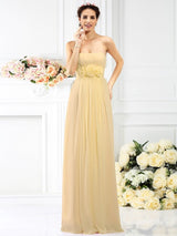 A-Line Charming Strapless Hand-Made Flower Sleeveless Long Chiffon Bridesmaid Dresses