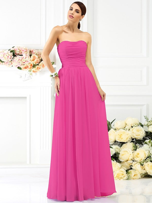 A-Line Charming Strapless Pleats Sleeveless Long Chiffon Bridesmaid Dresses