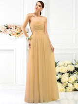 A-Line Charming Strapless Pleats Sleeveless Long Chiffon Bridesmaid Dresses