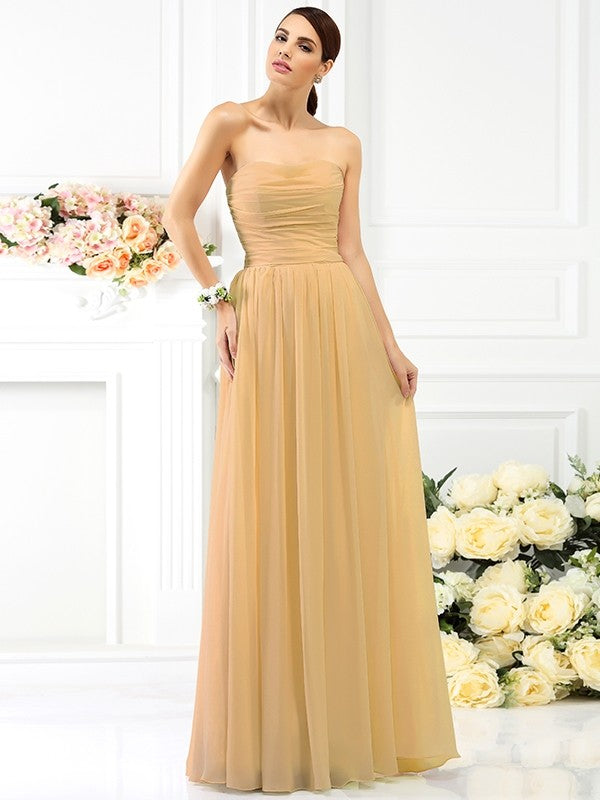 A-Line Charming Strapless Pleats Sleeveless Long Chiffon Bridesmaid Dresses