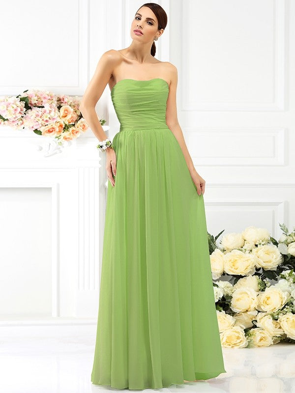 A-Line Charming Strapless Pleats Sleeveless Long Chiffon Bridesmaid Dresses