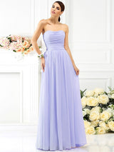 A-Line Charming Strapless Pleats Sleeveless Long Chiffon Bridesmaid Dresses