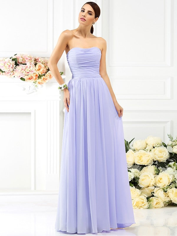 A-Line Charming Strapless Pleats Sleeveless Long Chiffon Bridesmaid Dresses