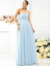 A-Line Charming Strapless Pleats Sleeveless Long Chiffon Bridesmaid Dresses