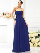 A-Line Charming Strapless Pleats Sleeveless Long Chiffon Bridesmaid Dresses