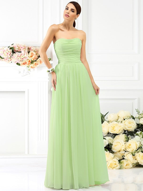 A-Line Charming Strapless Pleats Sleeveless Long Chiffon Bridesmaid Dresses