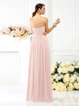 A-Line Charming Strapless Pleats Sleeveless Long Chiffon Bridesmaid Dresses