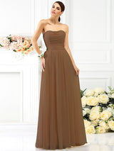 A-Line Charming Strapless Pleats Sleeveless Long Chiffon Bridesmaid Dresses