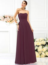 A-Line Charming Strapless Pleats Sleeveless Long Chiffon Bridesmaid Dresses