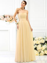 A-Line Charming Strapless Pleats Sleeveless Long Chiffon Bridesmaid Dresses