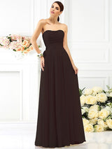 A-Line Charming Strapless Pleats Sleeveless Long Chiffon Bridesmaid Dresses