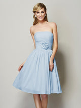 A-Line Charming Strapless Sleeveless Hand-Made Flower Short Chiffon Bridesmaid Dresses