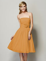 A-Line Charming Strapless Sleeveless Hand-Made Flower Short Chiffon Bridesmaid Dresses