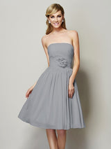 A-Line Charming Strapless Sleeveless Hand-Made Flower Short Chiffon Bridesmaid Dresses