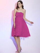 A-Line Charming Strapless Sleeveless Hand-Made Flower Short Net Bridesmaid Dresses