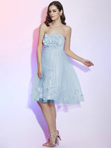 A-Line Charming Strapless Sleeveless Hand-Made Flower Short Net Bridesmaid Dresses