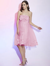 A-Line Charming Strapless Sleeveless Hand-Made Flower Short Net Bridesmaid Dresses