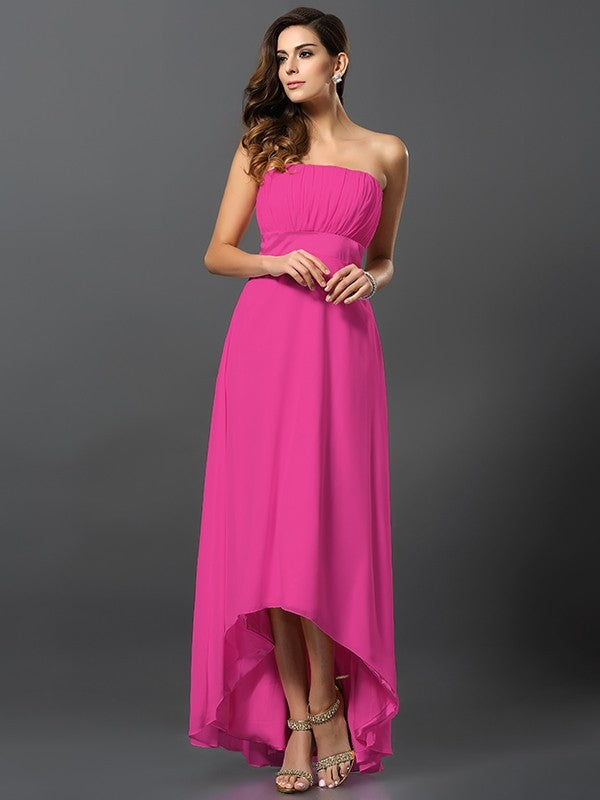 A-Line Charming Strapless Sleeveless High Low Chiffon Bridesmaid Dresses