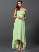 A-Line Charming Strapless Sleeveless High Low Chiffon Bridesmaid Dresses