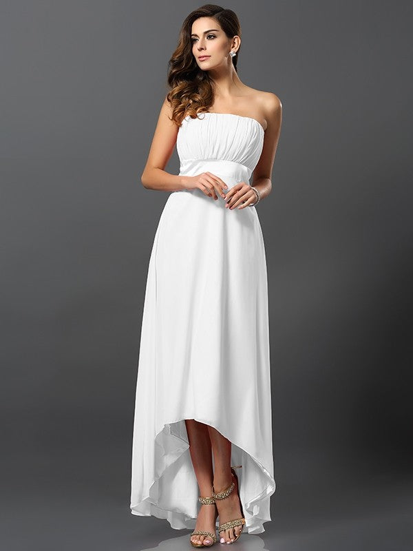 A-Line Charming Strapless Sleeveless High Low Chiffon Bridesmaid Dresses