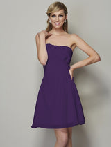 A-Line Charming Strapless Sleeveless Pleats Applique Short Chiffon Bridesmaid Dresses